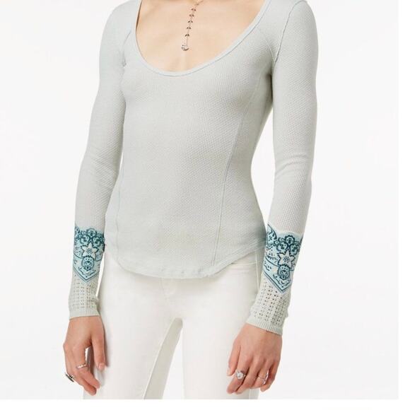 Free People Boho Long Sleeve Waffle Knit Thermal Top Light Sage Green S - Picture 1 of 9